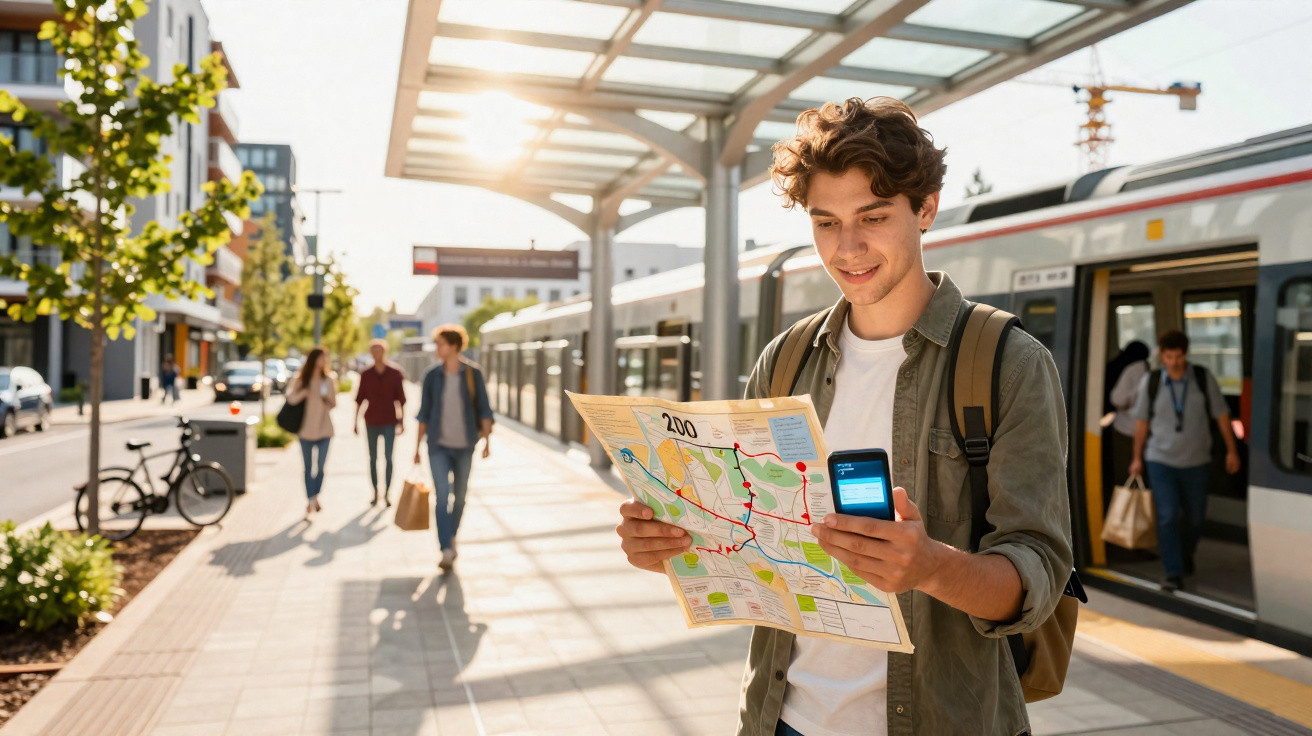 Mladý muž s batohem hledí na papírovou mapu a telefon na autobusové zastávce za slunečného dne.