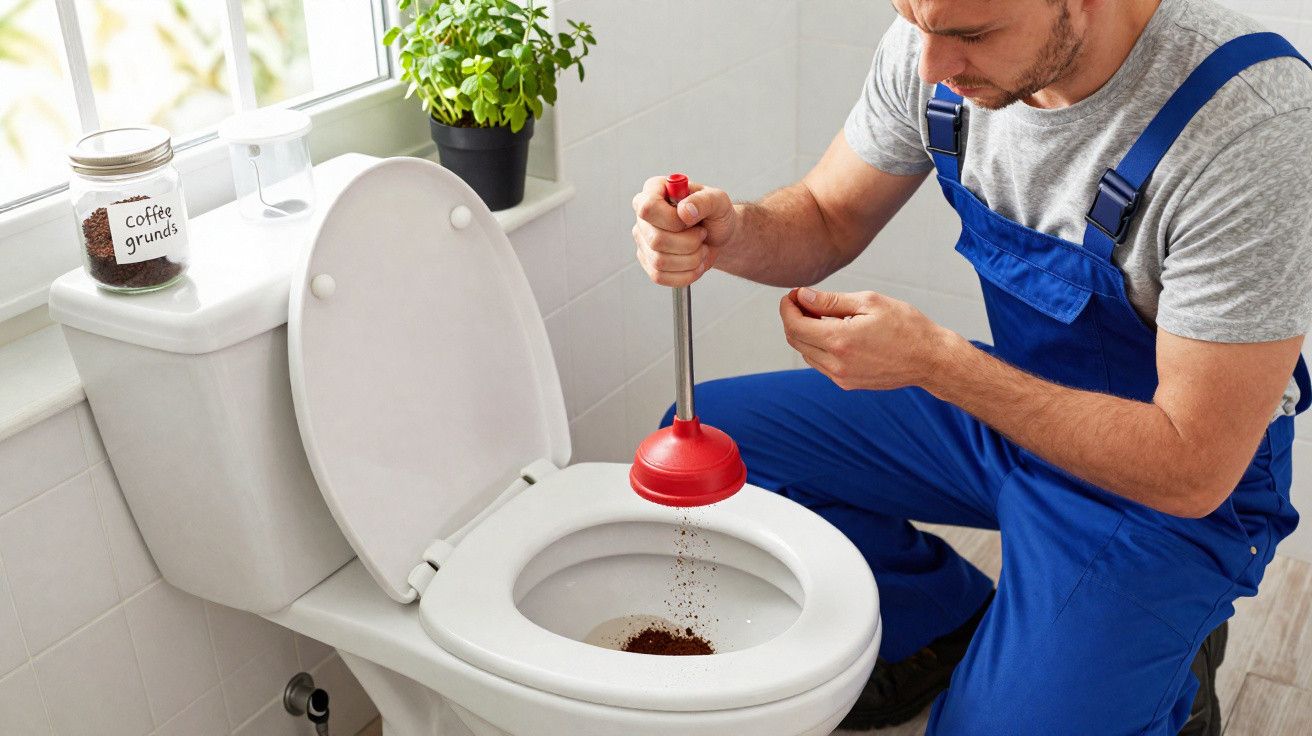 Instalatér s modrým pracovním oděvem u toalety používá zvon na odstranění ucpání s kávovými zbytky v záchodě.