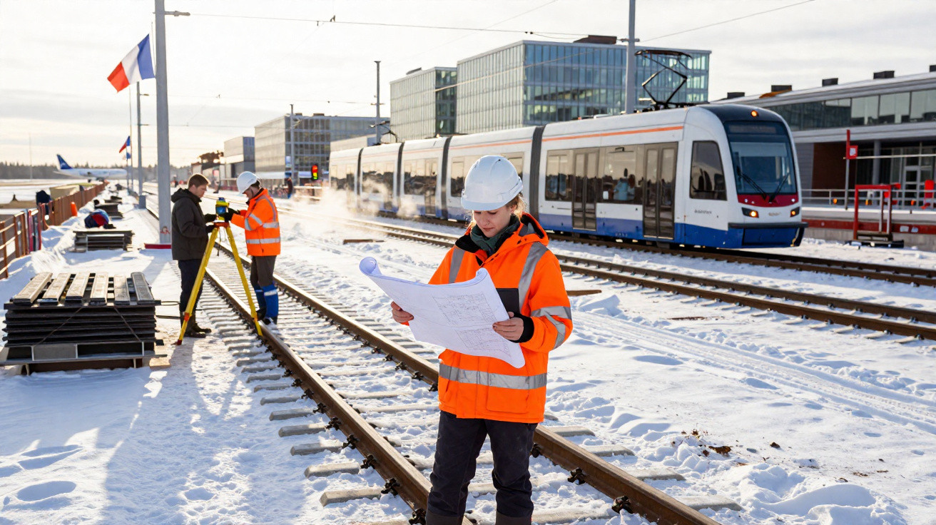 Žena stavební inženýrka v oranžové vestě a helmě kontroluje plány na zasněžené trati s tramvají v pozadí.