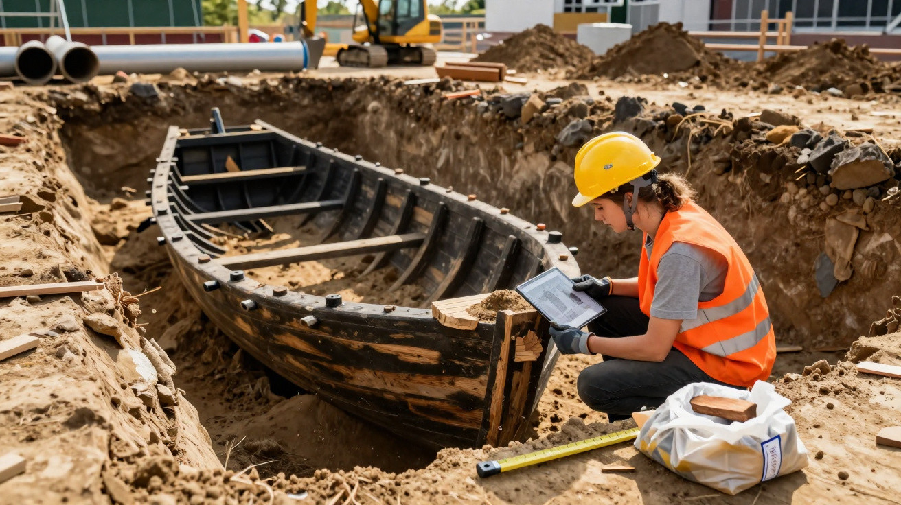 Archeoložka v helmě a vestě zkoumá starou dřevěnou loď vykopanou v zemi na stavbě.