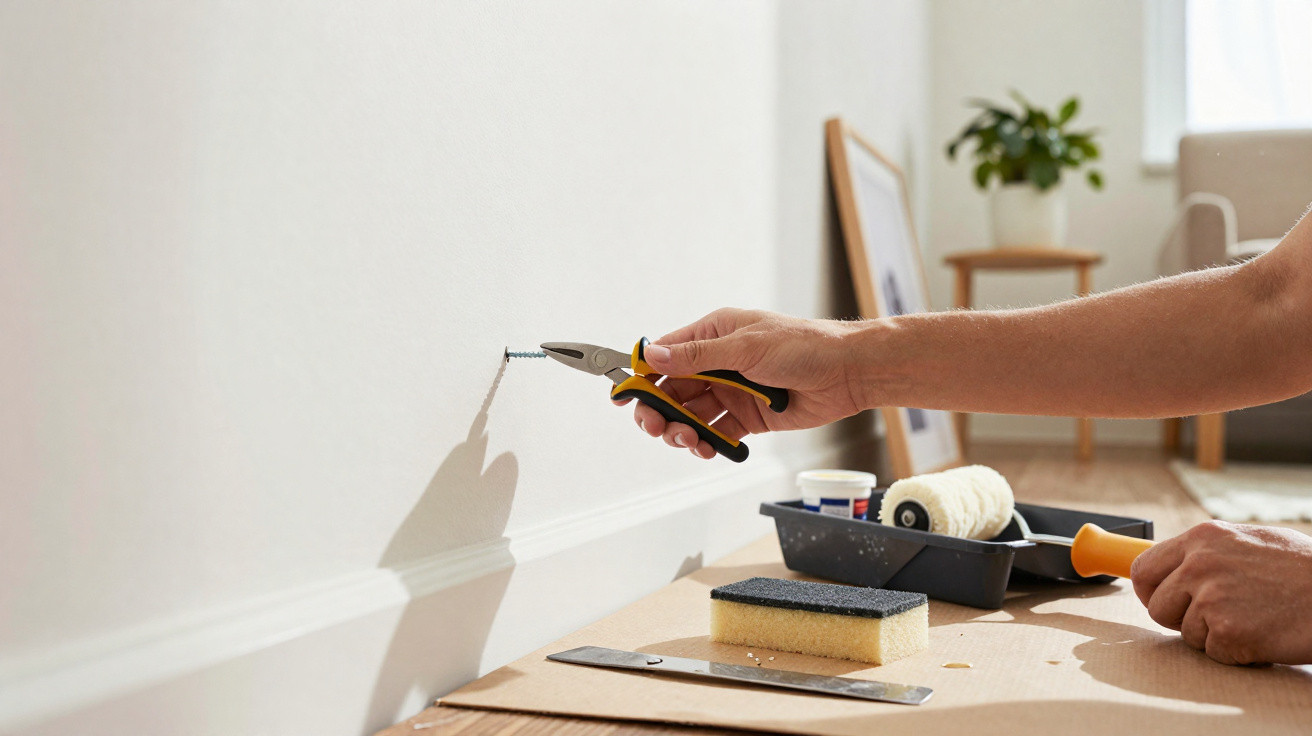 Ruka držící kleště a vytahující šroub ze zdi v obývacím pokoji během renovace.