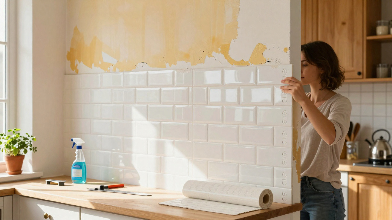 Žena pokládá bílé obkladačky na stěnu v kuchyni během renovace.
