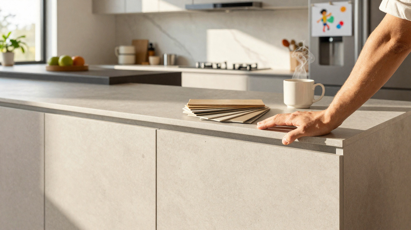 Ruka zkoumá vzorníky materiálů na kuchyňské lince vedle šálku s parou v moderní kuchyni.