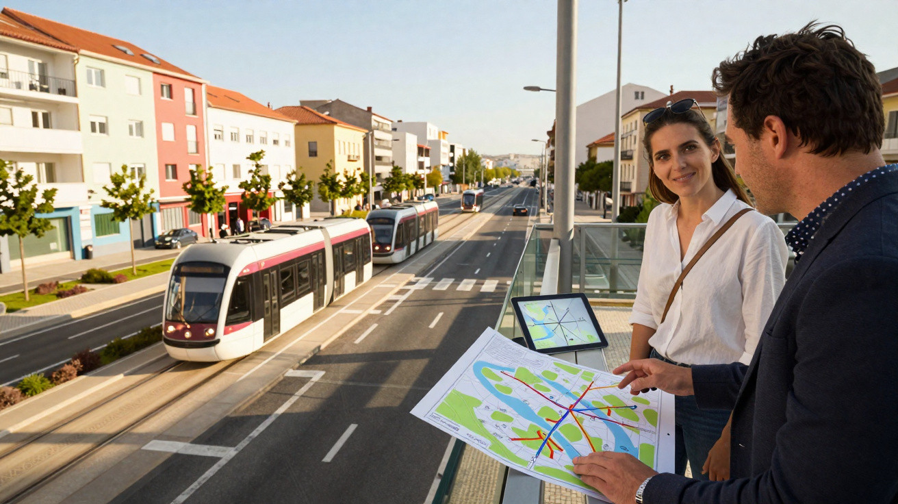 Dva lidé stojí u tramvajové zastávky, drží mapu a v pozadí projíždí moderní tramvaj po městské ulici.