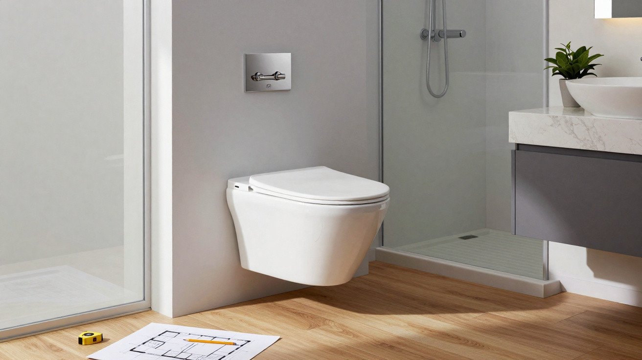Moderní koupelna s nástěnným WC, sprchovým koutem a plánem na dřevěné podlaze.