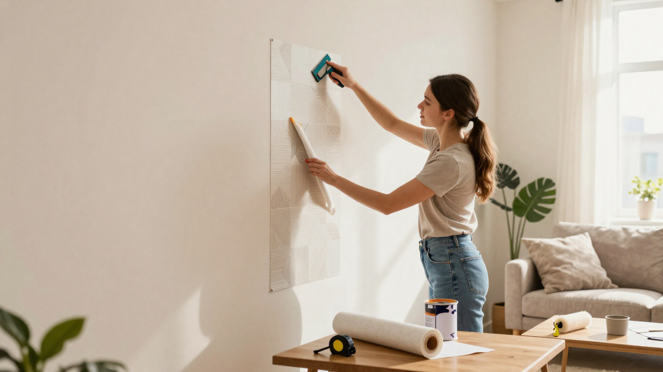 Žena lepidlem lepí tapetu na zeď v světlém obývacím pokoji během domácí renovace.