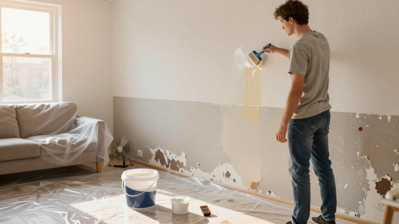 Muž natírá stěnu místnosti na béžovo během renovace, podlaha i sedačka jsou zakryty folií.