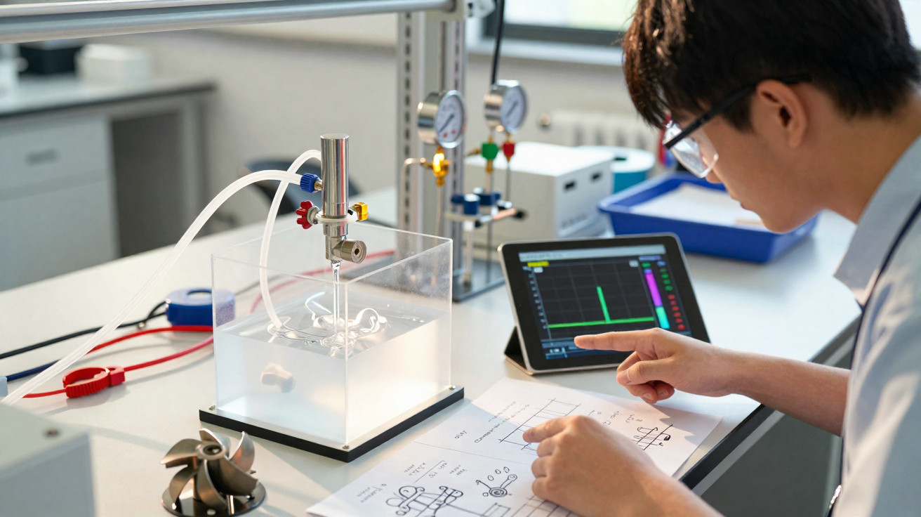 Muž v laboratoři sleduje data na tabletu a pracuje na technických výkresech s vodním zařízením.