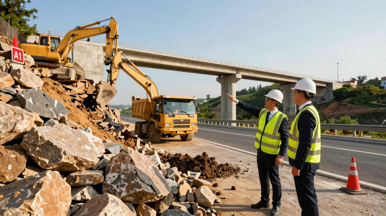 Stavbaři v ochranných helmech a vestách dohlížejí na stavební práce u dálnice s bagry a nákladním autem.