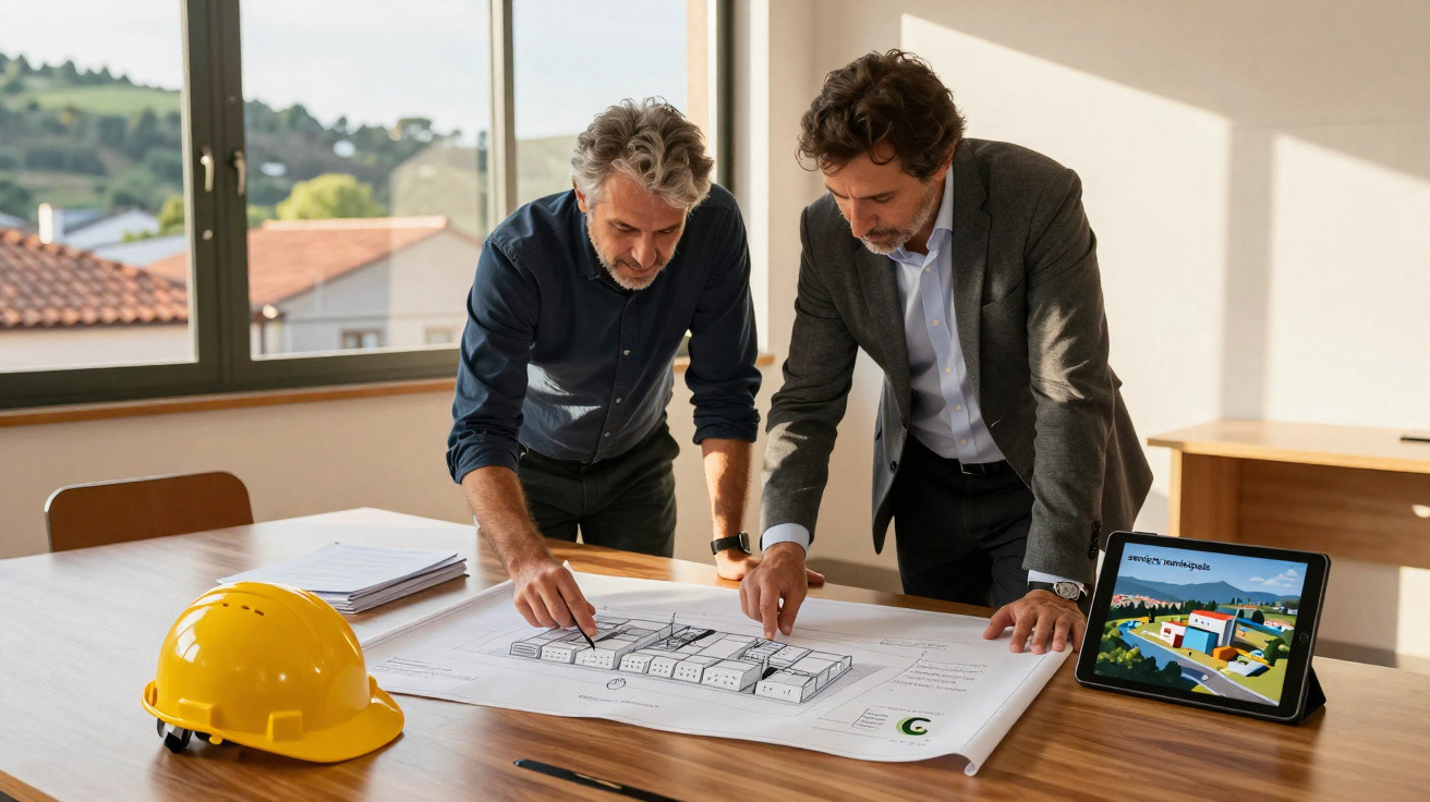 Dva muži diskutují nad architektonickým modelem a plánem na stole v kanceláři, vedle je žlutá přilba.