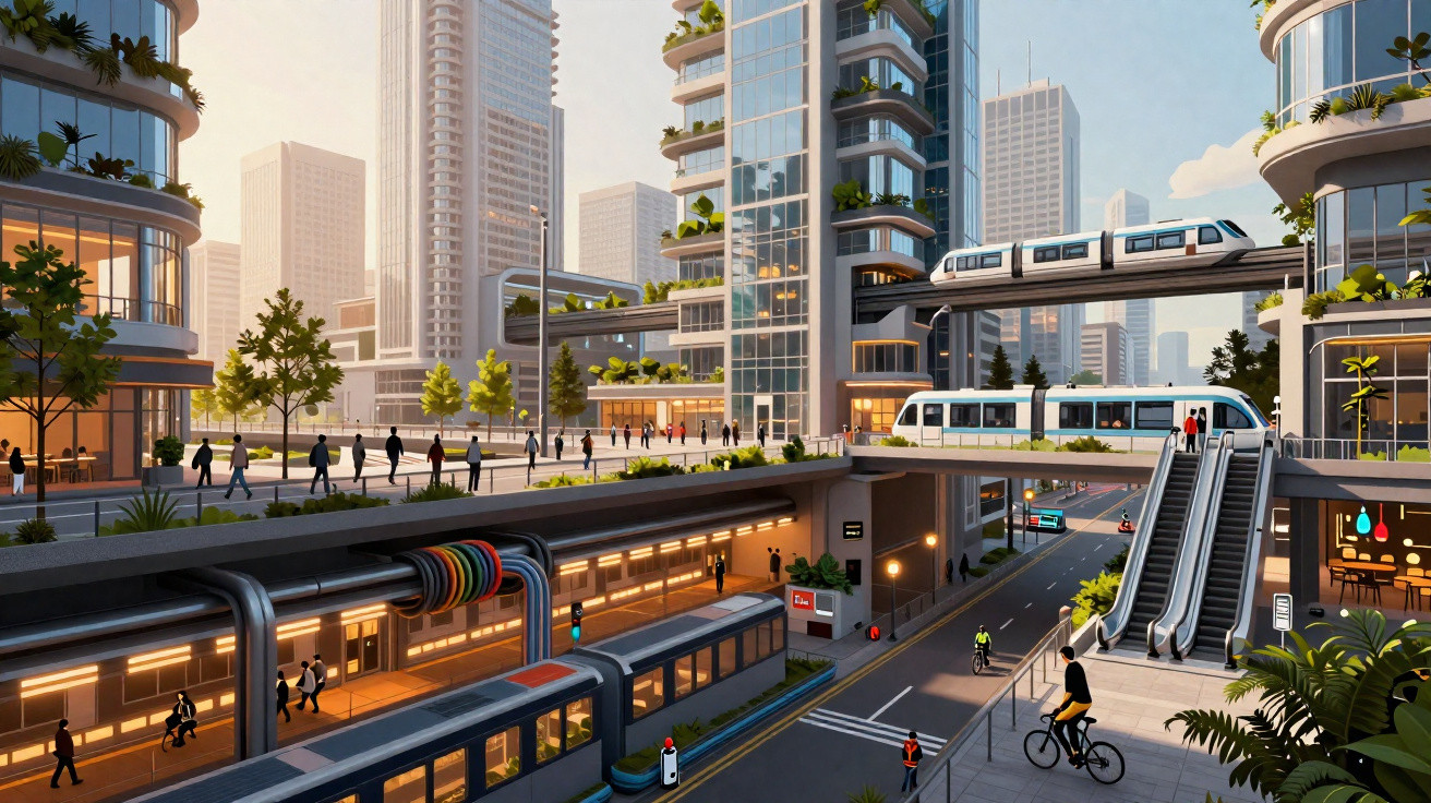 Moderní městská scéna s veřejnou dopravou, výtahy, cyklisty a lidmi ve světlých budovách.