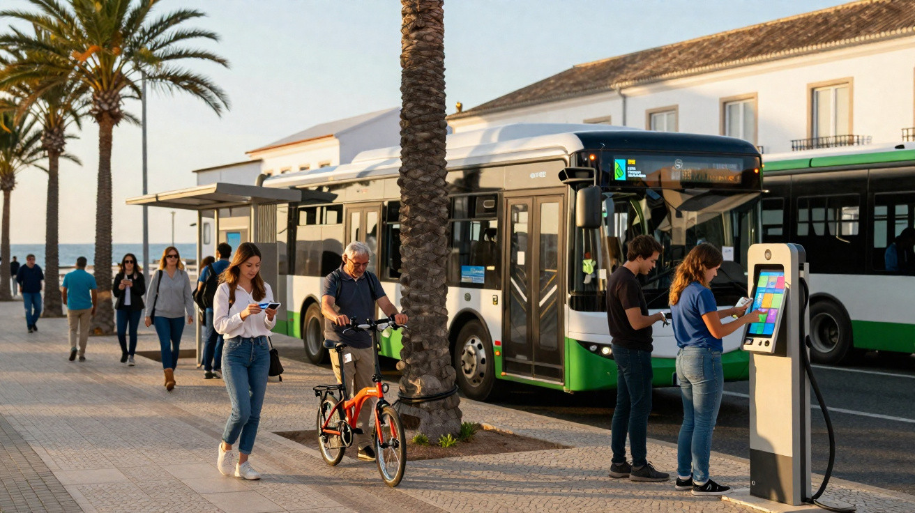 Lidé čekající na autobus u zastávky na slunné promenádě s palmami u pobřeží.