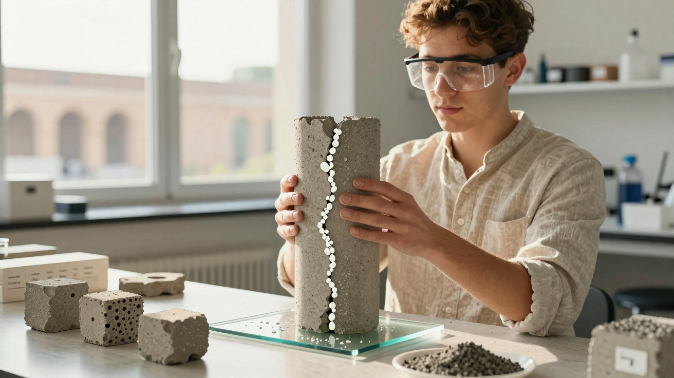Mladý muž v ochranných brýlích zkoumá válec z betonu s trhlinou vyplněnou bílými krystaly v laboratoři.