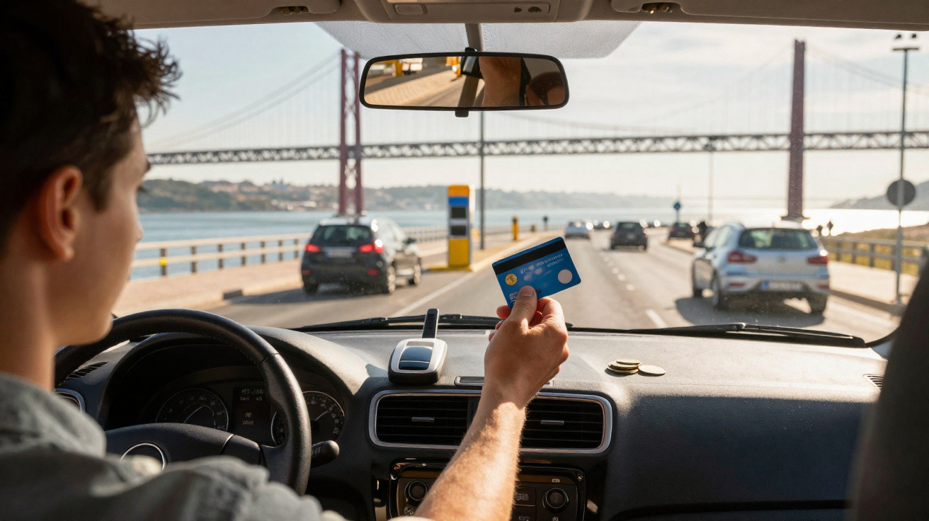 Řidič v autě drží platební kartu před automatem na dálnici s mostem v pozadí při slunečném dni.