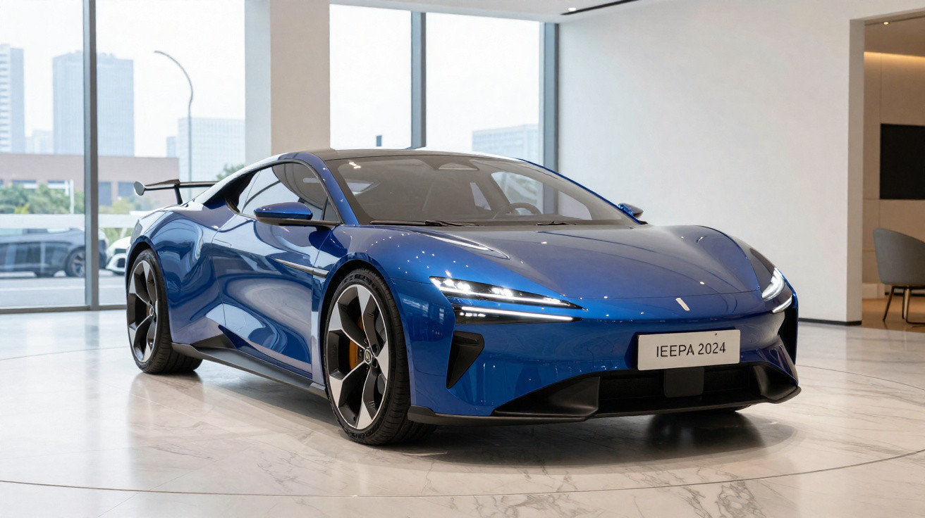 Modrý sportovní elektromobil s aerodynamickým designem vystavený v moderním interiéru showroomu.