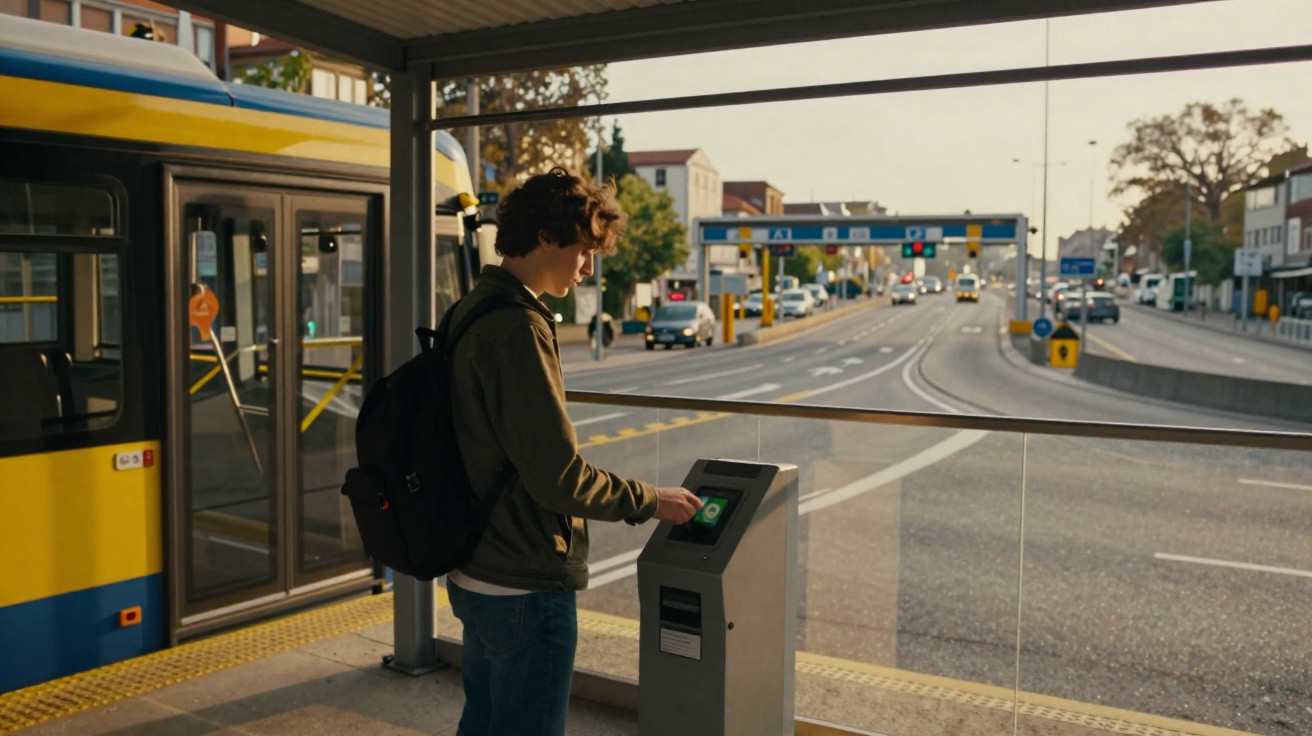Mladík s batohem platí jízdenku u terminálu na zastávce tramvaje při západu slunce.