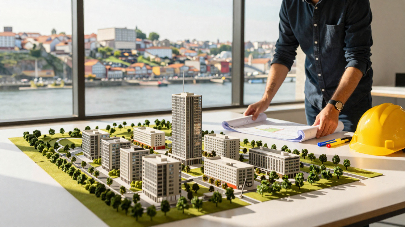 Architekt stojí u stolu se stavebním modelem městské čtvrti a plánem, za okny je řeka a město.
