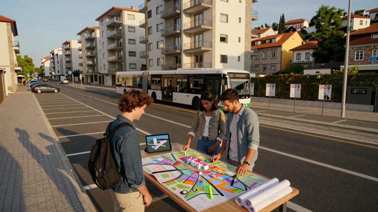 Tři mladí lidé diskutují nad plánem městského projektu na stole u silnice s autobusem v pozadí.
