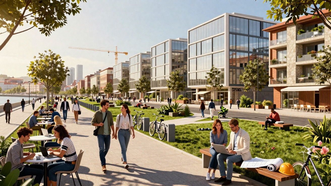 Moderní městská promenáda s lidmi, kancelářskými budovami a zelení za slunečného dne.