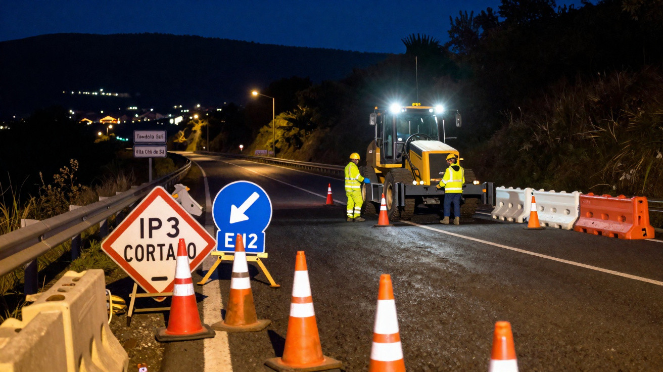 Noční silniční uzavírka s dopravními kužely, pracovníky a stavební technikou na dálnici.