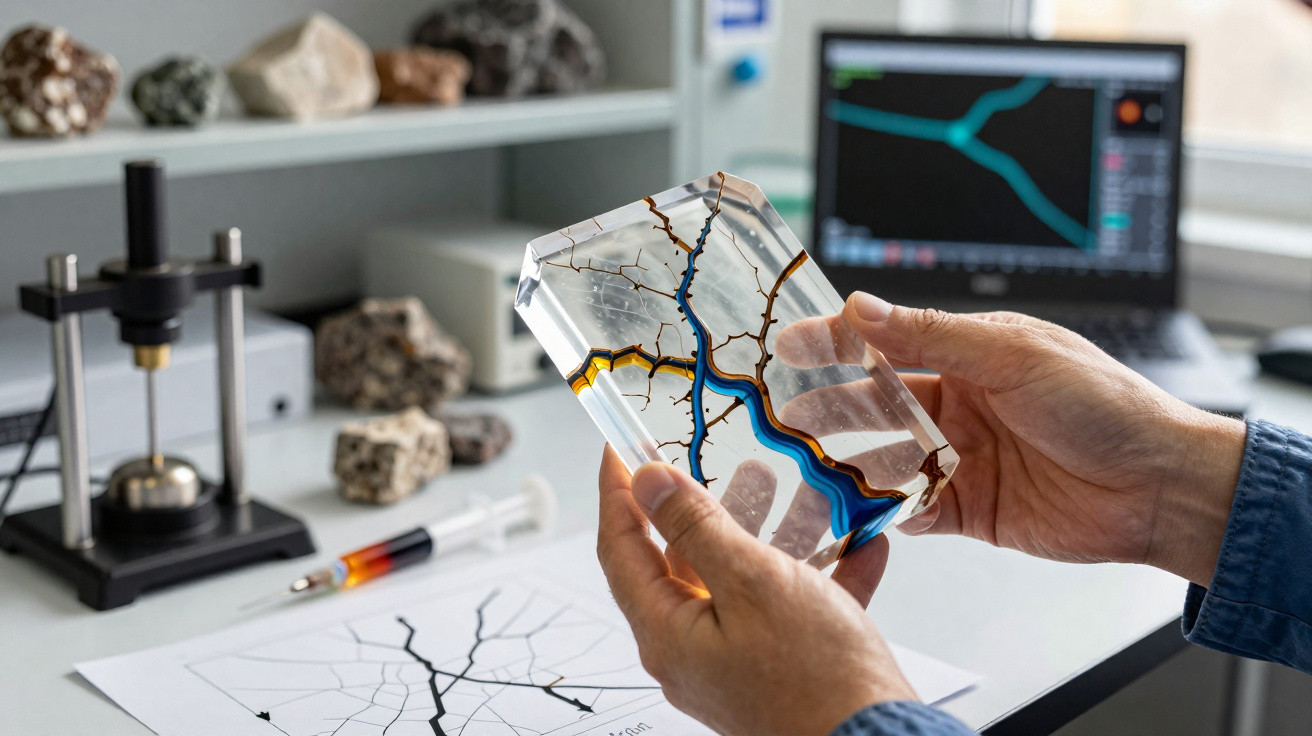 Ruce držící průhledný model s barevnými prasklinami, na stole mapa a měřící přístroje.
