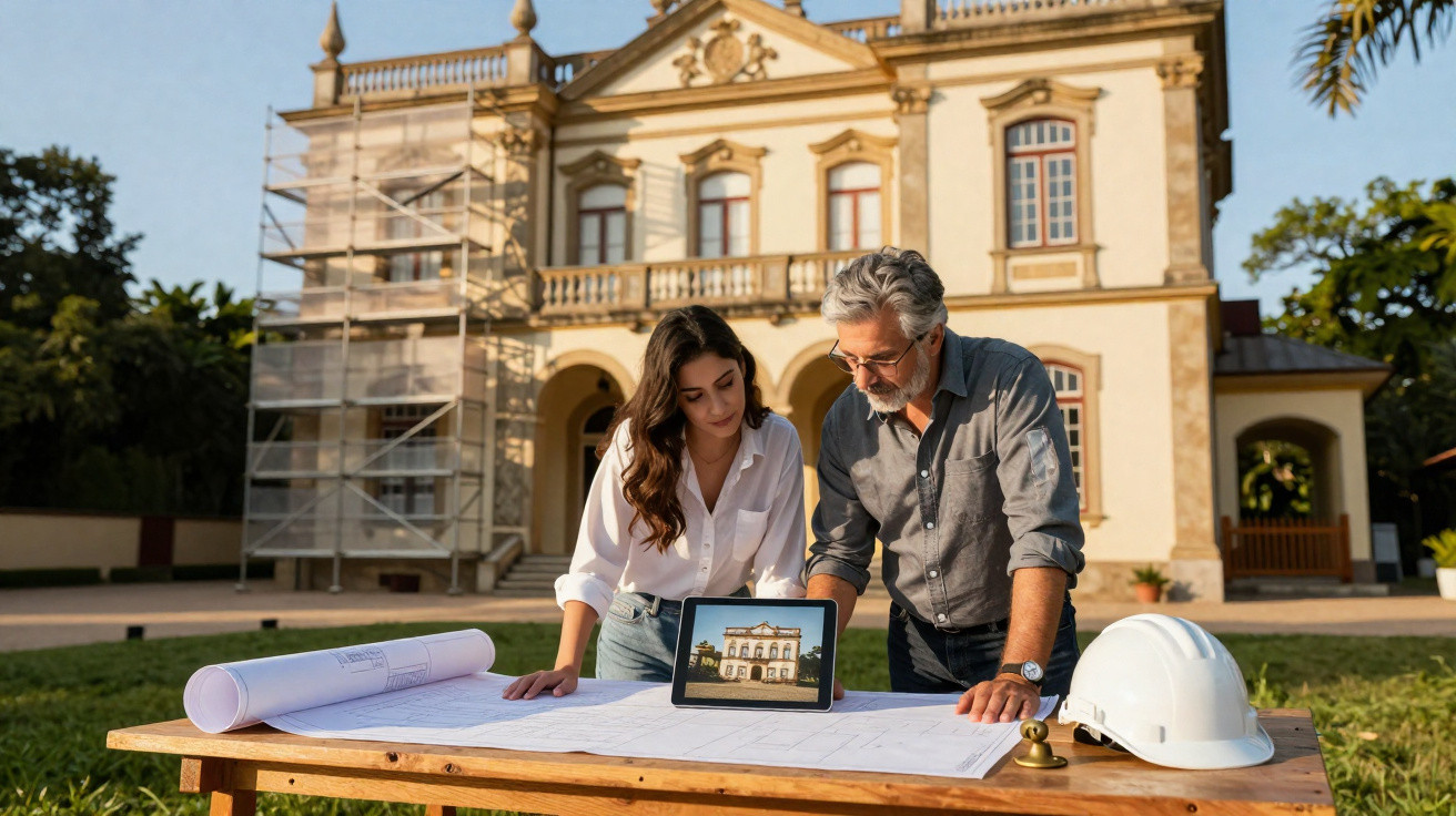 Dva architekti před historickou budovou zkoumají stavební plán a fotografii na tabletu.