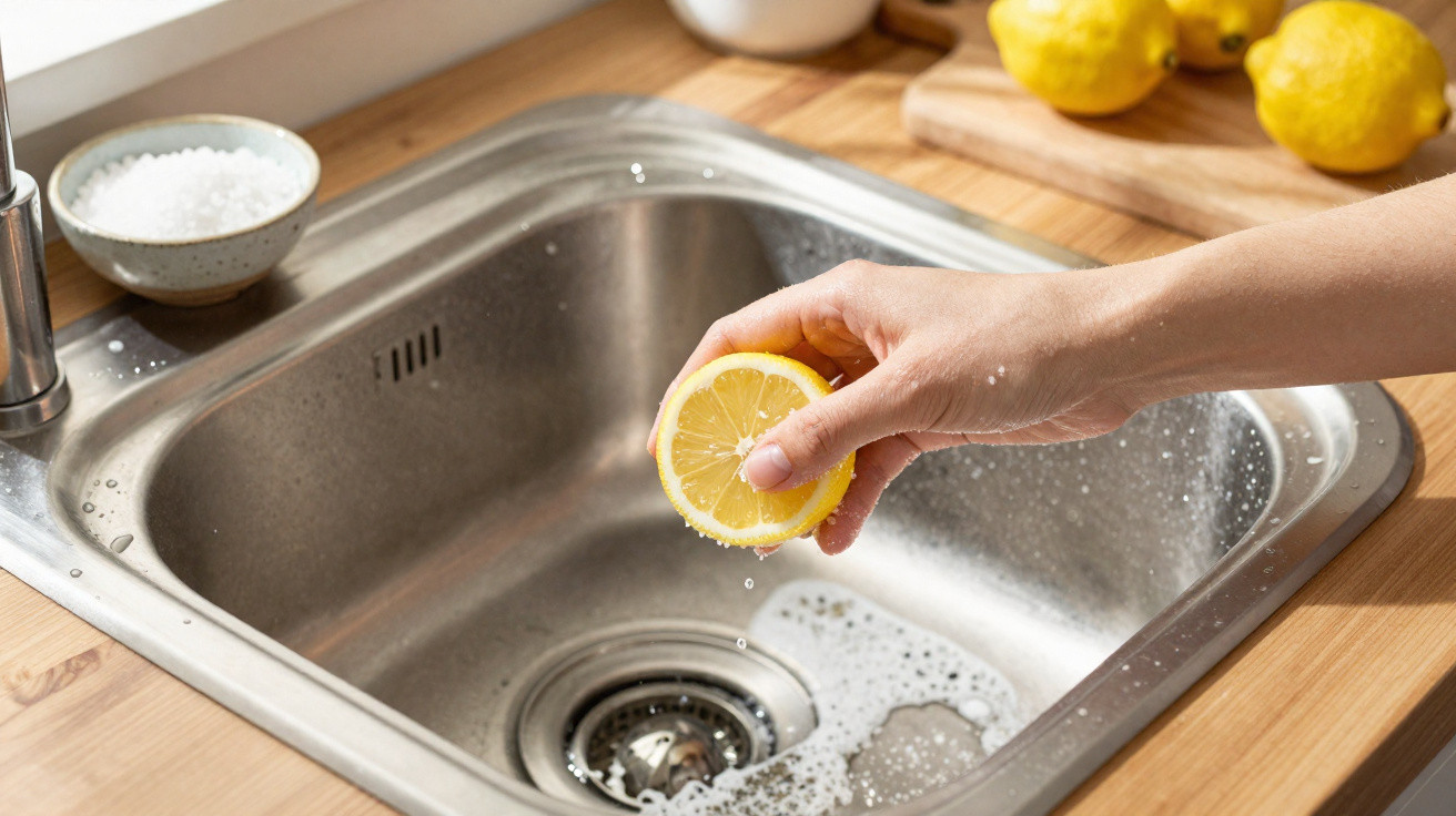 Ruka mačká citron nad nerezovým dřezem v kuchyni s citrony a solí na dřevěné lince.