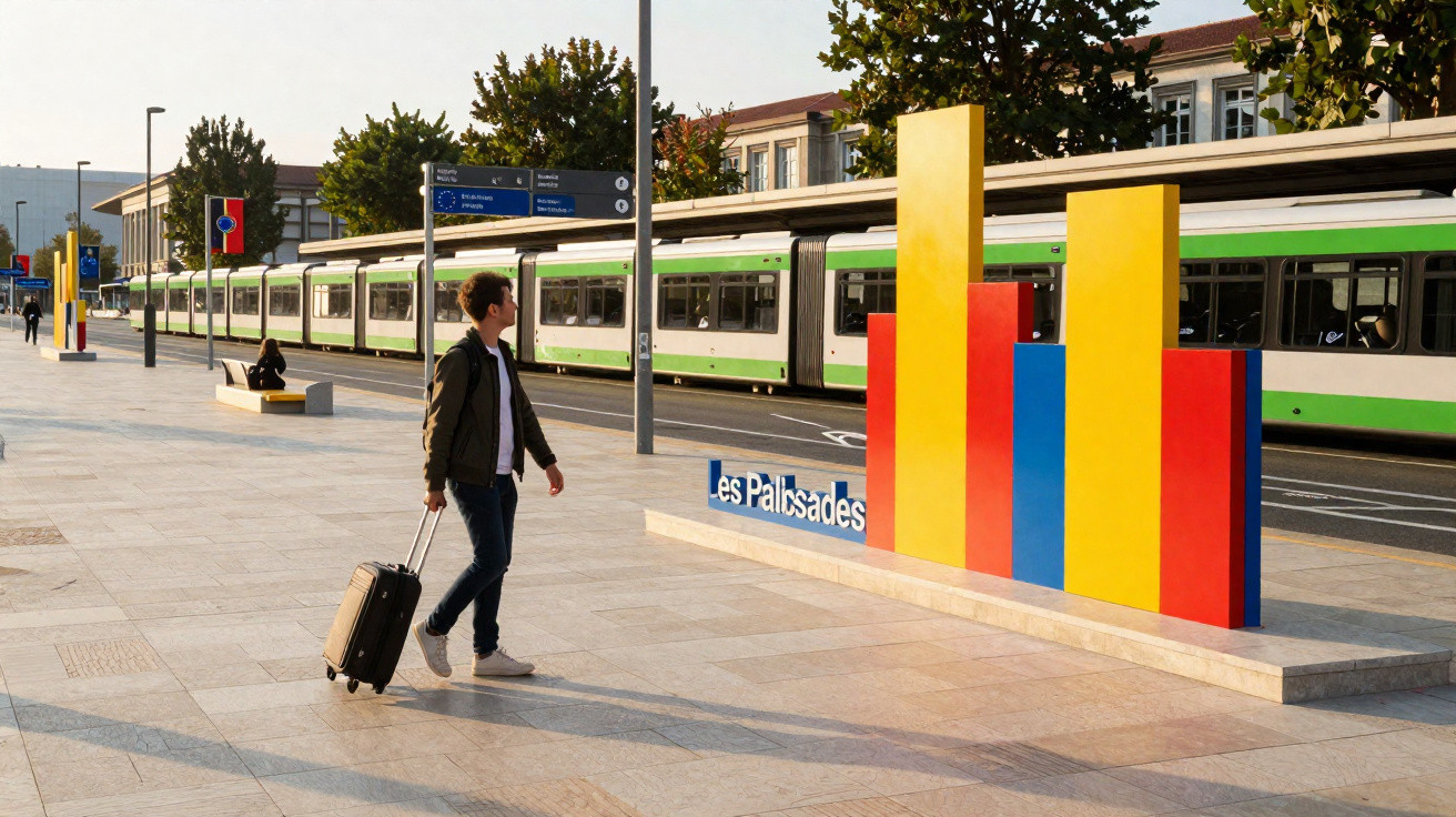 Muž s kufrem kráčí po nástupišti u tramvaje, barevné sochy a stromy v pozadí.