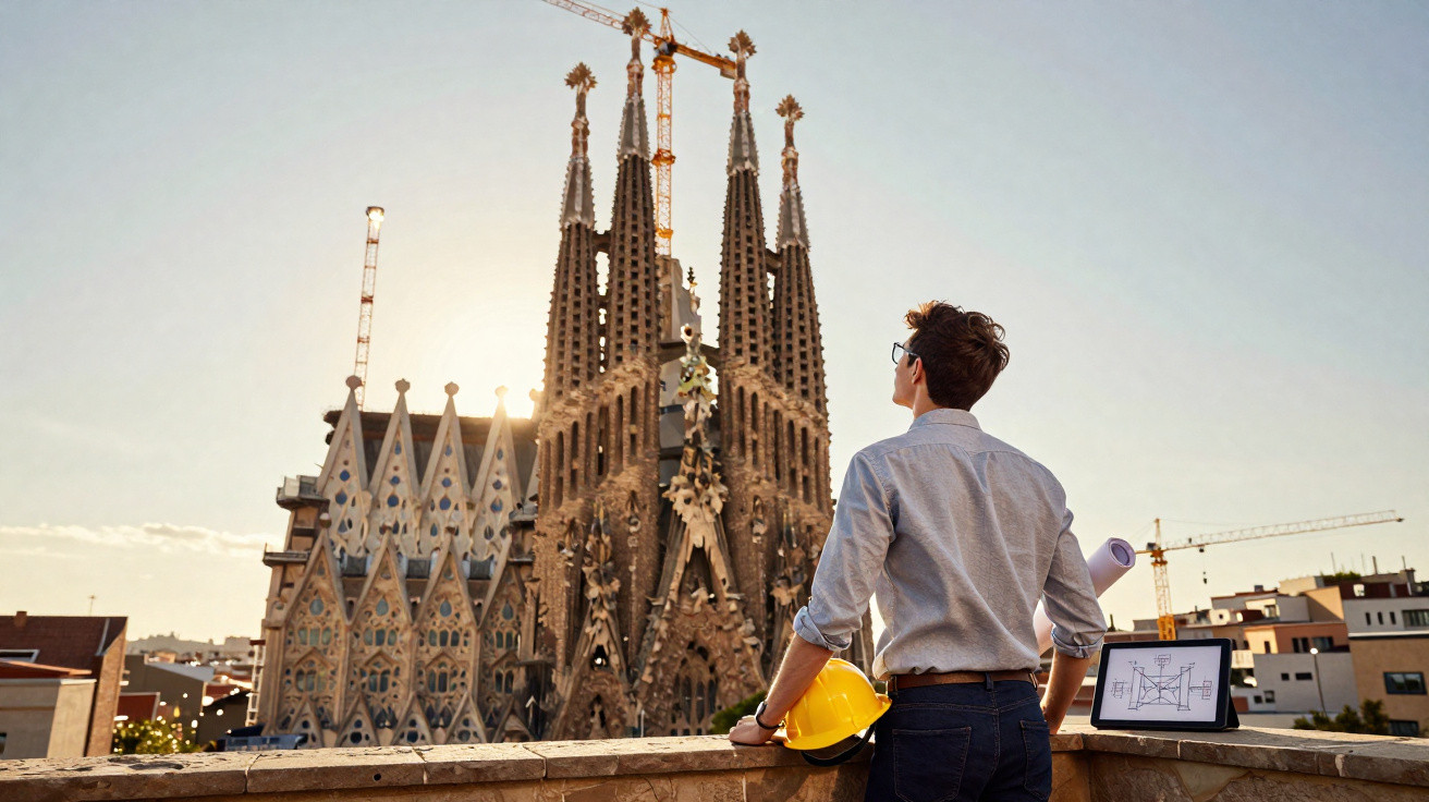Muž s ochrannou přilbou a architektonickým plánem sleduje baziliku Sagrada Família v Barceloně při západu slunce.