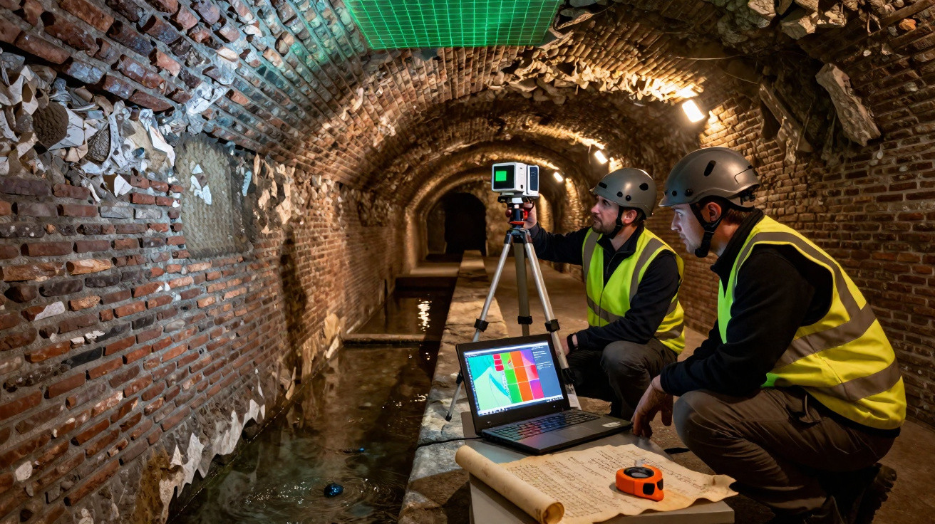 Dva technici v reflexních vestách a helmách provádějí 3D skenování starého cihlového podzemního tunelu.
