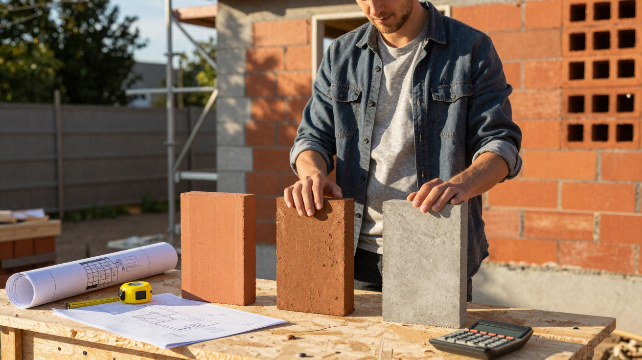 Muž stavitel porovnává tři různé stavební materiály u rozpracovaného domu venku.
